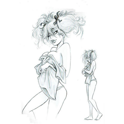 A black and white pencil sketch of an anime-style girl with messy hair, shown in two poses on a plain white background.