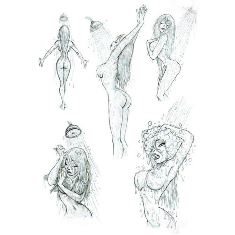 A sheet of black and white pencil sketches showing a woman from multiple angles in a shower setting, including wet hair and water droplets, on a white background.