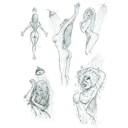 A sheet of black and white pencil sketches showing a woman from multiple angles in a shower setting, including wet hair and water droplets, on a white background.