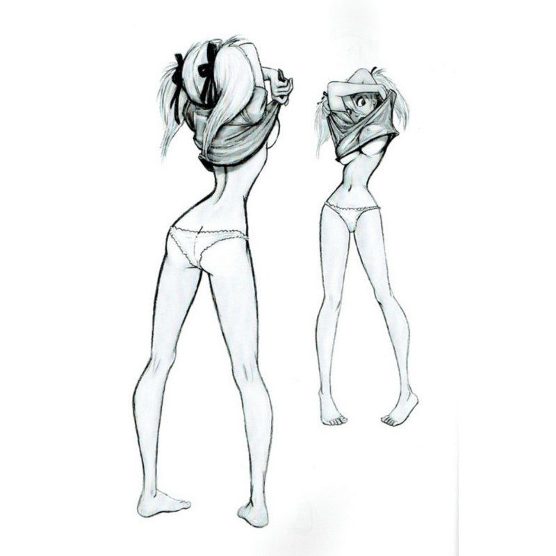 Black and white line art illustration of a female anime character shown from the back in two poses, wearing minimal underwear, on a plain white background.