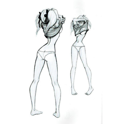 Black and white line art illustration of a female anime character shown from the back in two poses, wearing minimal underwear, on a plain white background.