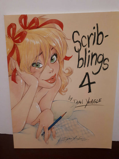 Cover of 'Scribblings 4' sketchbook by Dean Yeagle, featuring a color illustration of a female character with red hair and a red bow, in a relaxed pose with a writing instrument.
