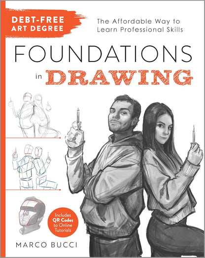 Book cover of 'Foundations in Drawing' by Marco Bucci with illustrations of a man and woman holding drawing tools.