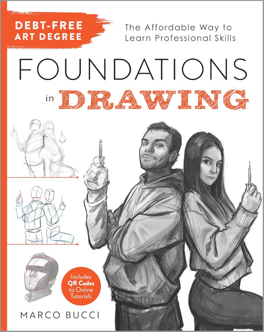 Book cover of 'Foundations in Drawing' by Marco Bucci with illustrations of a man and woman holding drawing tools.