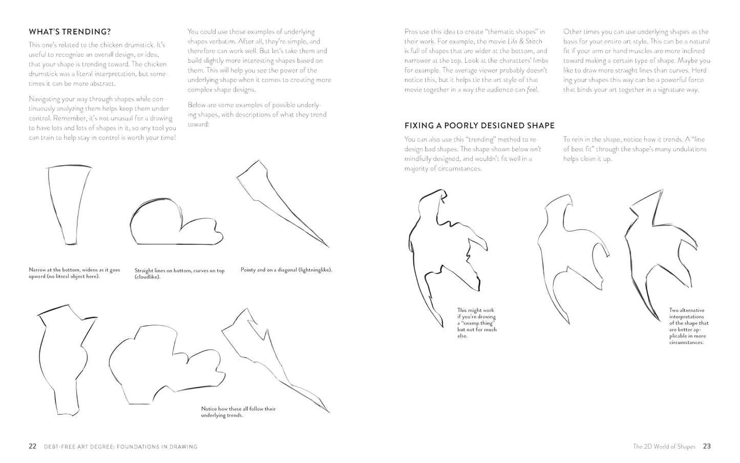 A two-page art instruction spread from 'The First Art Studio Foundations in Drawing' showing line-art sketches of a star shape with explanatory text on page 22 and 23.