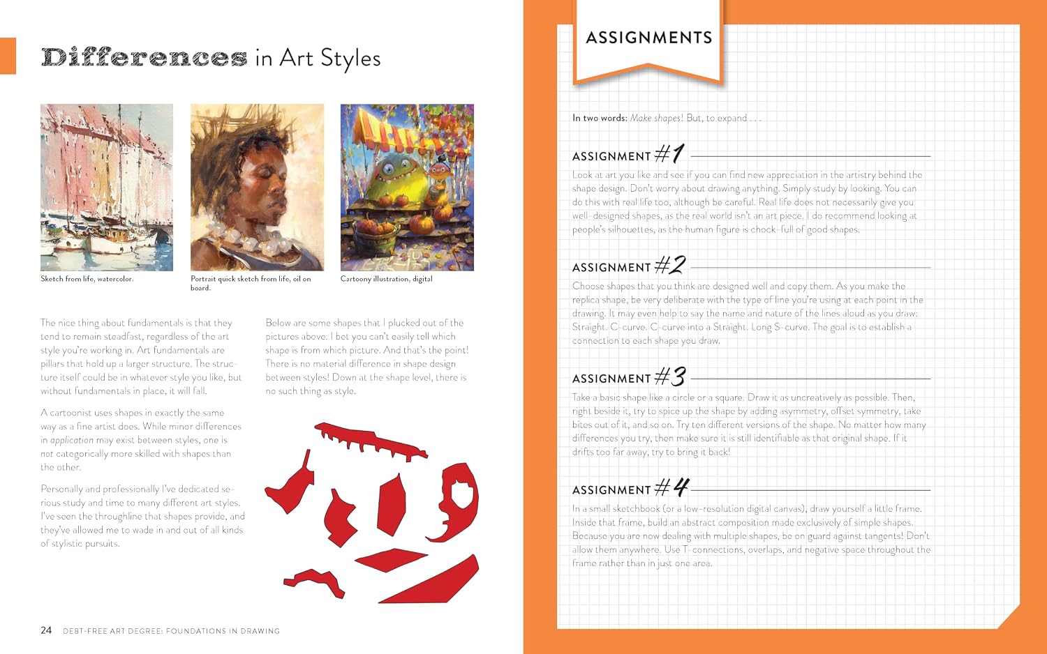 An open book or booklet spread titled "Differences in Art Styles" with orange page borders, text blocks, assignment prompts, and several small artwork examples. This is not a clean product photo of a physical item in use, and it is not a measurement chart, color swatch, or instruction diagram for assembling/using a product.