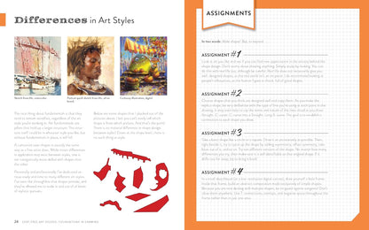 An open book or booklet spread titled "Differences in Art Styles" with orange page borders, text blocks, assignment prompts, and several small artwork examples. This is not a clean product photo of a physical item in use, and it is not a measurement chart, color swatch, or instruction diagram for assembling/using a product.