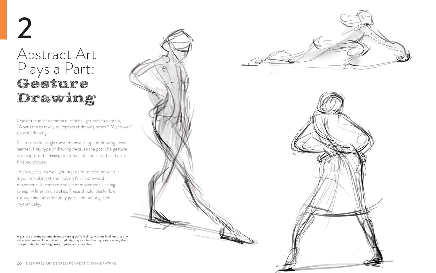 A printed page from a drawing or art foundation guide featuring three hand-drawn figure sketches in black ink on white paper, with the title 'Abstract Art Art Plays a Part: Gesture Drawing' and explanatory text on the left.