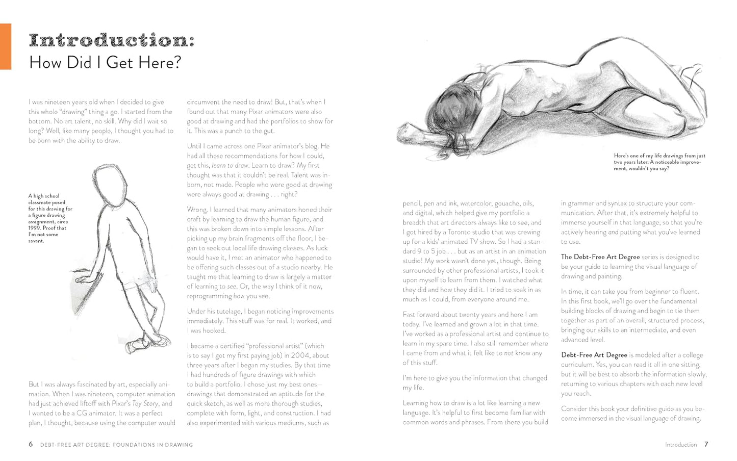 A two-page spread from an art history book or magazine, titled 'Introduction: How Did I Get Here?', featuring a large charcoal figure drawing on the right page and smaller line drawings plus text on the left and right pages.