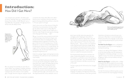 A two-page spread from an art history book or magazine, titled 'Introduction: How Did I Get Here?', featuring a large charcoal figure drawing on the right page and smaller line drawings plus text on the left and right pages.