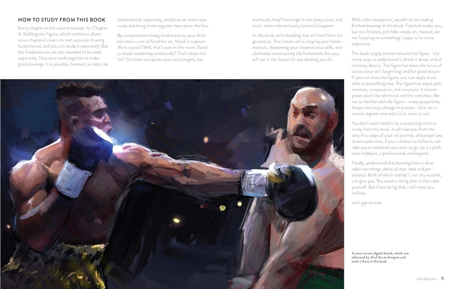 A printed book page with a large illustrated boxing scene across the lower half and blocks of text above and beside it. The artwork shows two boxers in a dark, dramatic pose with one boxer punching the other.