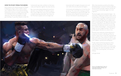 A printed book page with a large illustrated boxing scene across the lower half and blocks of text above and beside it. The artwork shows two boxers in a dark, dramatic pose with one boxer punching the other.