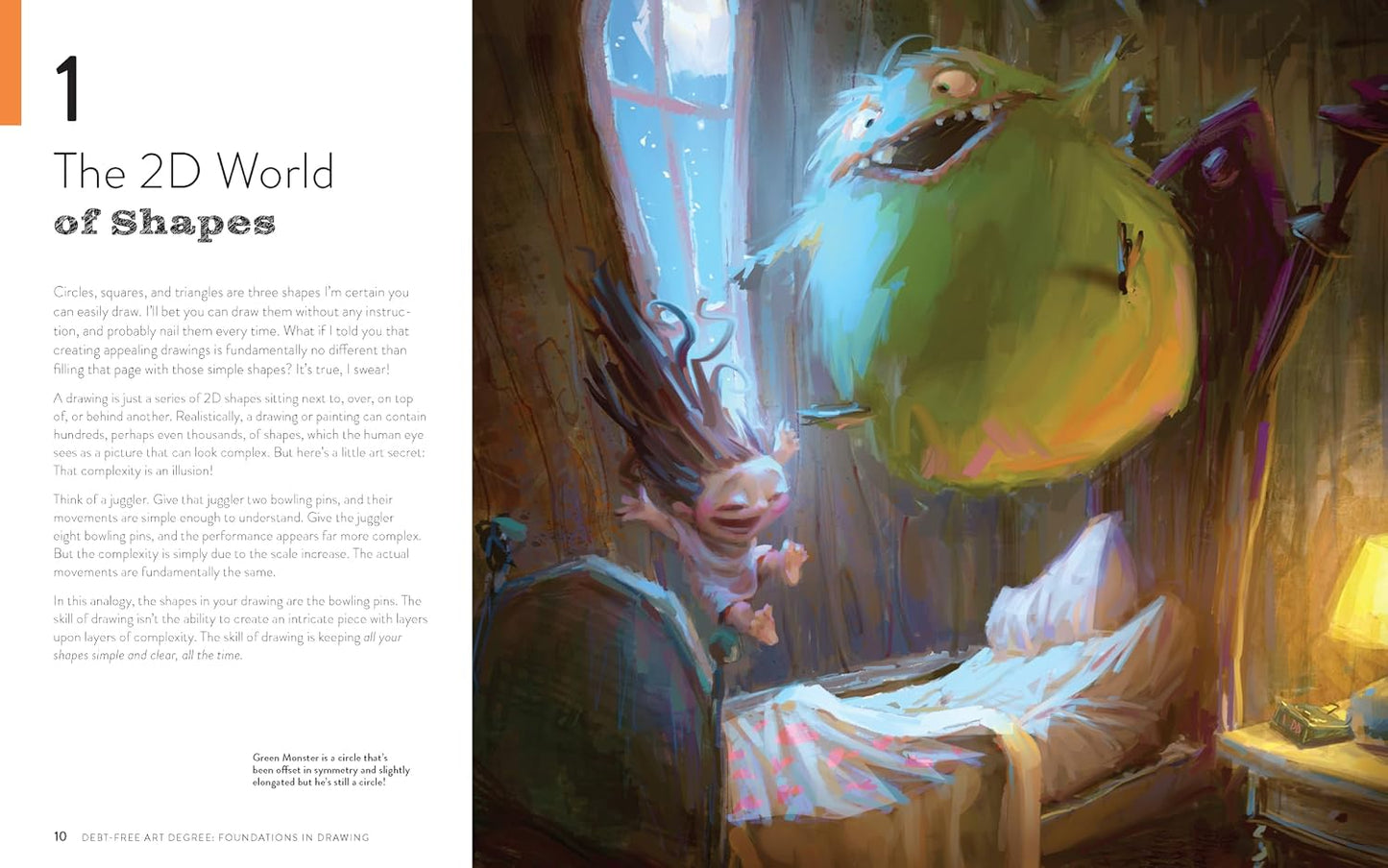 A printed art instruction or educational page titled '1 The 2D World of Shapes' with text on the left and a colorful illustration on the right showing a whimsical monster-like creature in a bedroom scene.