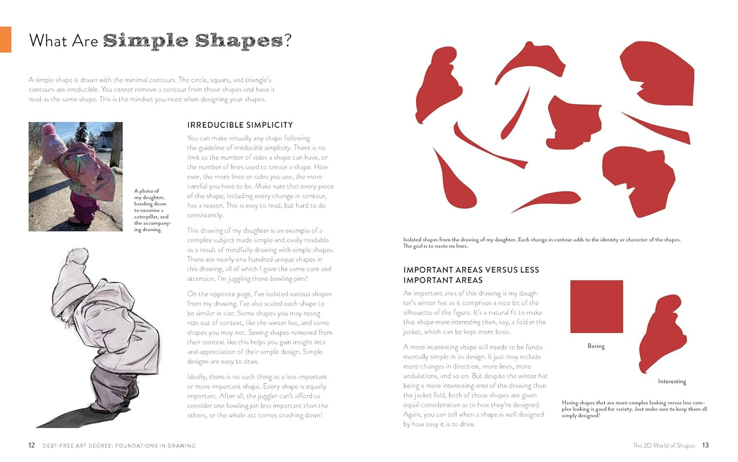 A printed art book or magazine page titled 'What Are Simple Shapes?' with text, red abstract shape illustrations, a small photo of a person painting, and a grayscale line drawing on a white page.