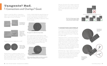 A printed page from a book or magazine explaining drawing techniques, titled 'Tangents? Bad. T-Connections and Overlaps? Good.