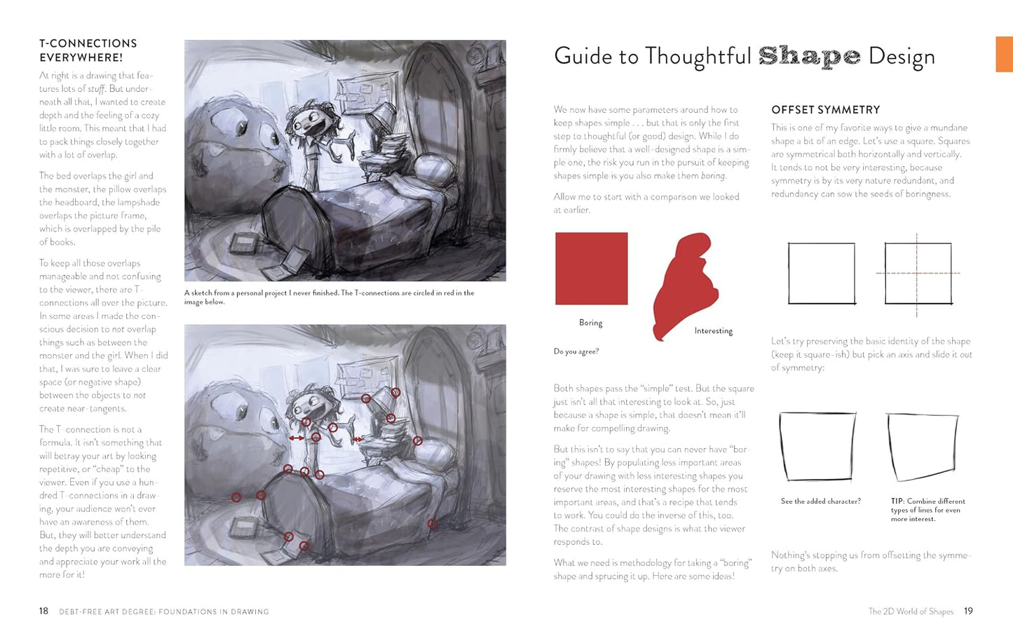 A two-page art instruction booklet spread titled 'Guide to Thoughtful Shape Design' with black-and-white sketch illustrations, explanatory text, and small red shape examples on a white page.