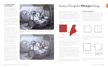 A two-page art instruction booklet spread titled 'Guide to Thoughtful Shape Design' with black-and-white sketch illustrations, explanatory text, and small red shape examples on a white page.