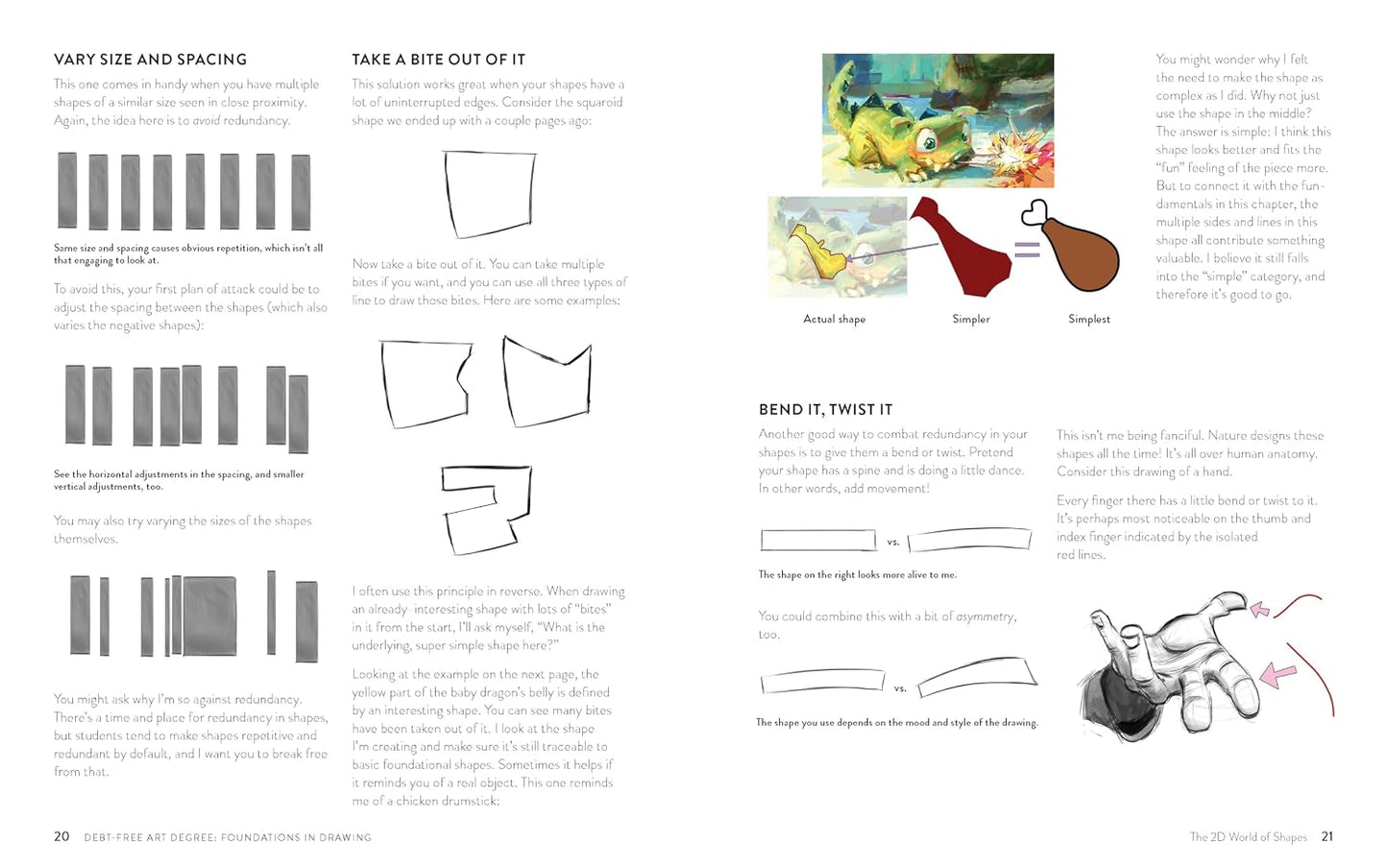 A two-page spread from an art instruction book titled 'The 20 Idiot Moves' by The Art School Foundation. The pages feature black-and-white diagrams, text instructions, and color-coded examples showing how to draw and pose, including a hand illustration.