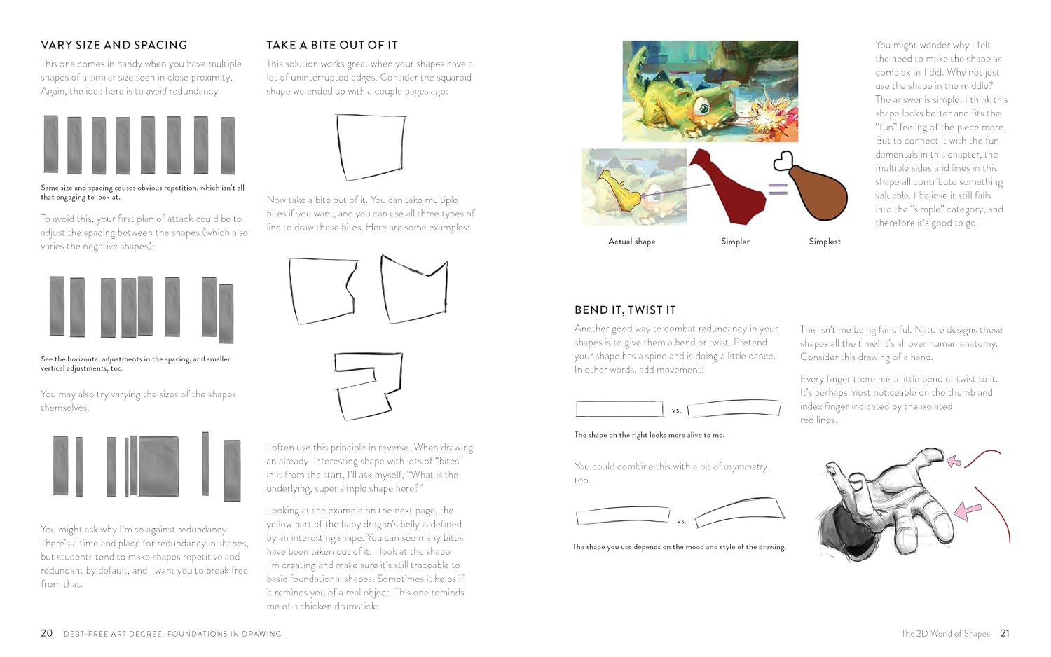 A two-page spread from an art instruction book titled 'The 20 Idiot Moves' by The Art School Foundation. The pages feature black-and-white diagrams, text instructions, and color-coded examples showing how to draw and pose, including a hand illustration.