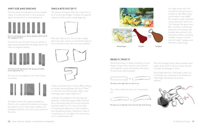 A two-page spread from an art instruction book titled 'The 20 Idiot Moves' by The Art School Foundation. The pages feature black-and-white diagrams, text instructions, and color-coded examples showing how to draw and pose, including a hand illustration.