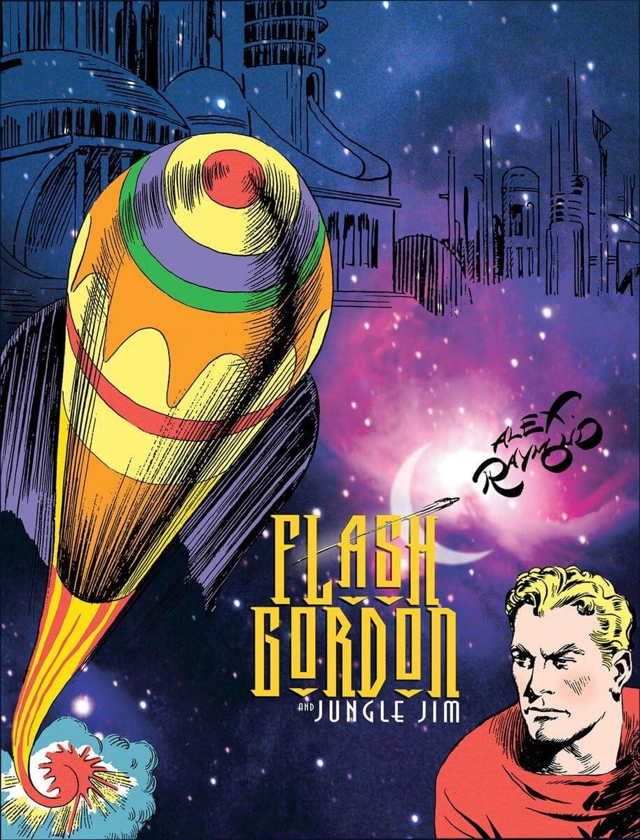 Comic book cover for Flash Gordon and Jungle Jim, featuring a stylized illustration of a colorful rocket ship, a futuristic cityscape, and a portrait of Flash Gordon in the lower right corner.