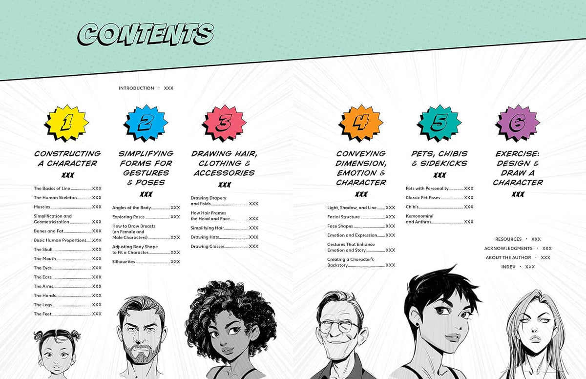 A printed or digital contents page for a comic book or art guide, titled 'CONTENTS' at the top. The page has a mint green header and a white lower section with illustrated character portraits along the bottom and colorful chapter icons above.