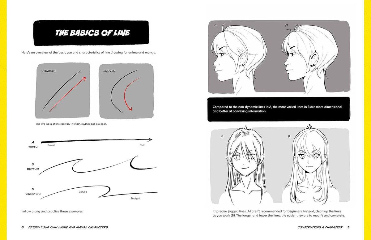 An open book or booklet spread showing character line art instruction pages titled 'THE BASICS OF LINE DRAWING.' The left page contains examples of straight and curved lines, arrows, and directional strokes, while the right page shows grayscale and colored anime-style face sketches with caption text.