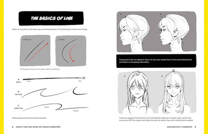 An open book or booklet spread showing character line art instruction pages titled 'THE BASICS OF LINE DRAWING.' The left page contains examples of straight and curved lines, arrows, and directional strokes, while the right page shows grayscale and colored anime-style face sketches with caption text.