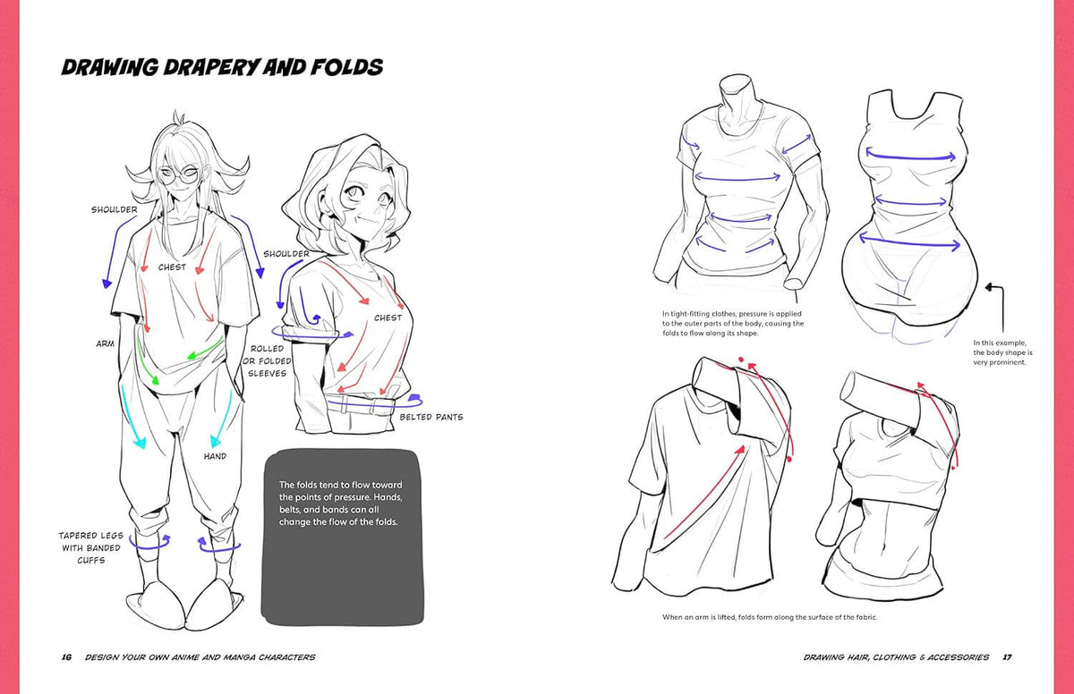 A printed instruction sheet titled 'Drawing Drapery and Folds' showing anime-style character drawings with arrows and labels indicating body areas and draping points, plus several torso pose diagrams with colored measurement lines.
