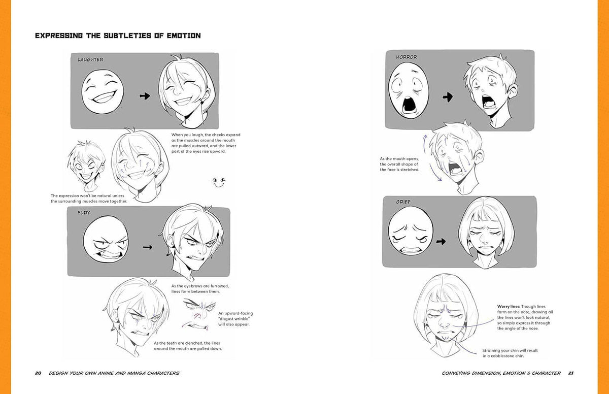 Illustrations of facial expressions with text explaining how to convey emotions in characters.