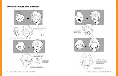 Illustrations of facial expressions with text explaining how to convey emotions in characters.
