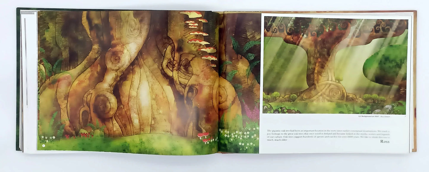 Open book showing a nature-themed illustration with trees and animals.