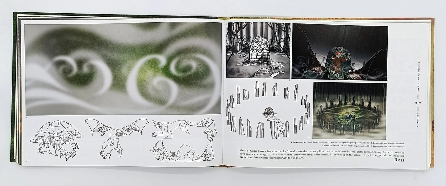 Open book showing illustrations of a fantasy scene with trees and characters.