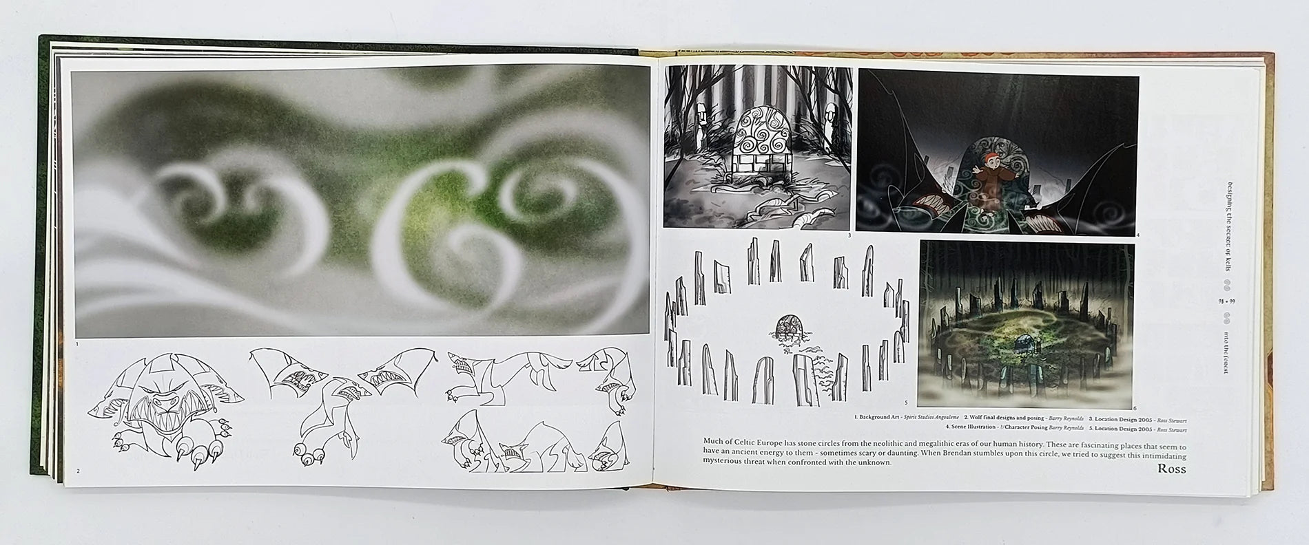 Open book showing illustrations of a fantasy scene with trees and characters.