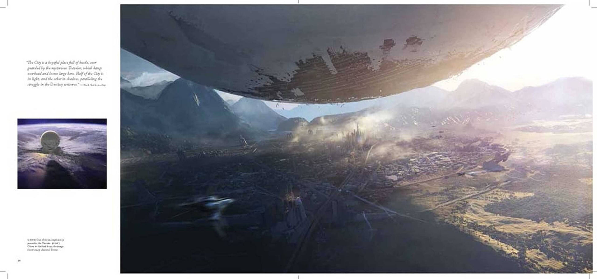 A book or magazine spread featuring a large sci-fi artwork of a massive dome-like structure hovering over a city and mountains, with a smaller inset image on the left and text blocks on a white page layout.