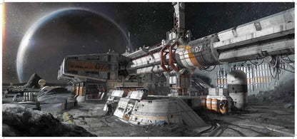 A sci-fi space station or industrial structure rendered in a futuristic sci-fi style, with large cylindrical modules, metallic surfaces, and a dark starry sky with a planet in the background.