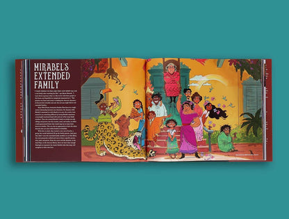 An open illustrated book titled 'Mirabel's Extended Family' displayed flat against a teal background. The left page has dark red text panels, while the right page features a colorful cartoon family scene with children, adults, animals, and a warm yellow-orange background.