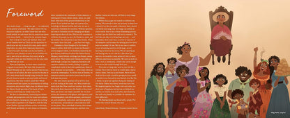 An open book spread showing a foreword page with orange background and columns of text on the left, and an illustrated cover scene on the right with multiple people in colorful clothing against a warm beige sky.