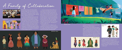 A printed or digital brochure-style page titled 'A Family of Collaboration' with multiple illustrated scenes, character portraits, small photos, and blocks of text on a lavender background.