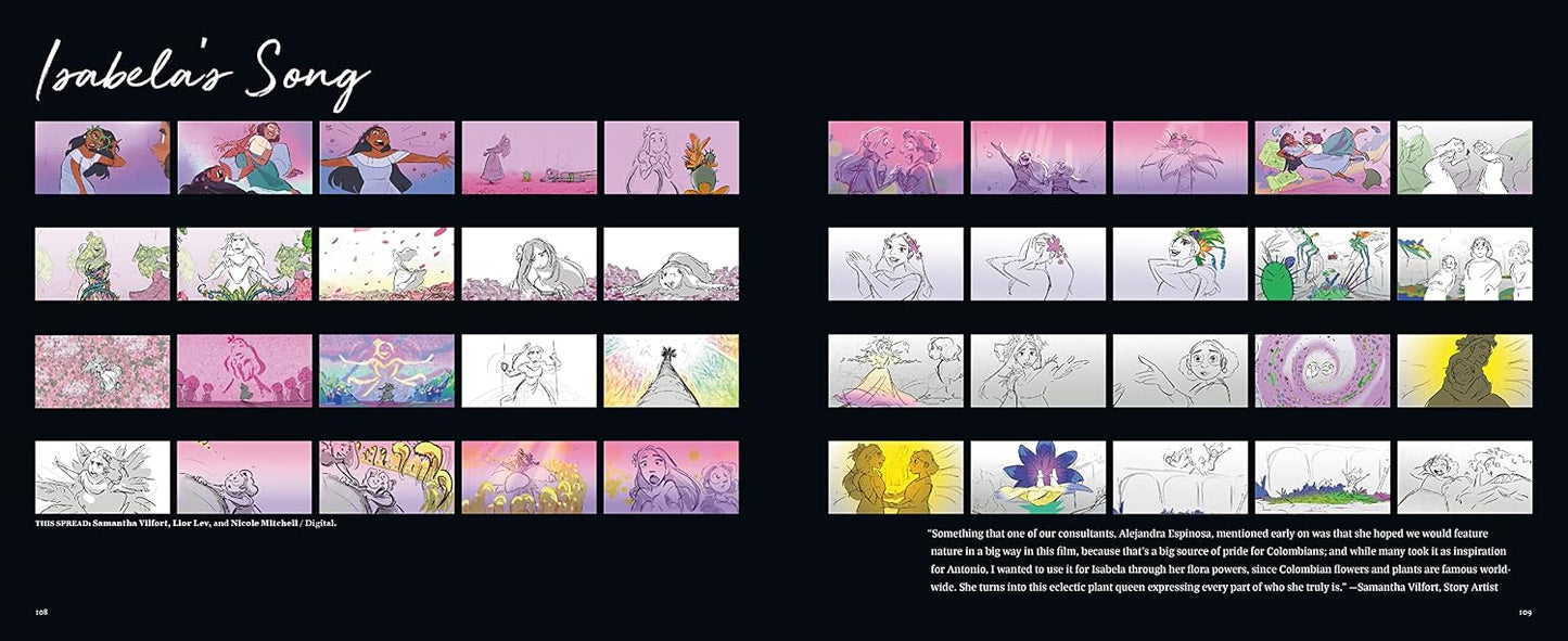 A black poster or print featuring the title 'Isabela's Song' at the top, followed by multiple small illustrated panels arranged in two columns. The artwork includes pastel pink, purple, blue, and yellow sketches with characters and abstract line drawings.