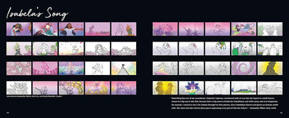 A black poster or print featuring the title 'Isabela's Song' at the top, followed by multiple small illustrated panels arranged in two columns. The artwork includes pastel pink, purple, blue, and yellow sketches with characters and abstract line drawings.