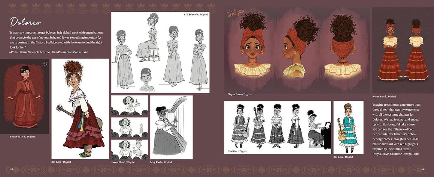 A full-page character design sheet for Delores from The Powerpuff Girls, showing multiple black-and-white sketch figures, colored front/back views, and costume details on a brown background.