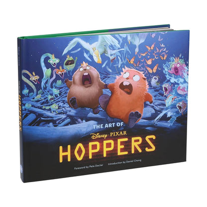 The Art of Disney Pixar Hoppers hardcover art book featuring colorful underwater creature illustrations on the cover, with the title 'HOPPERS' in large yellow letters and Disney Pixar branding.