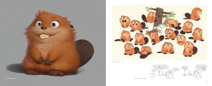 Cartoon beaver character with a heart and a set of animated beavers on a beige background.