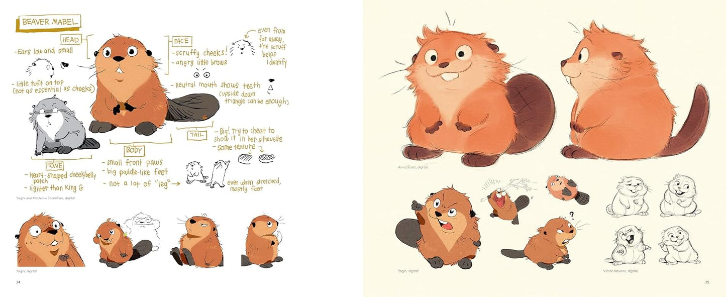 Illustrations of a beaver character with various poses and expressions on a beige background.