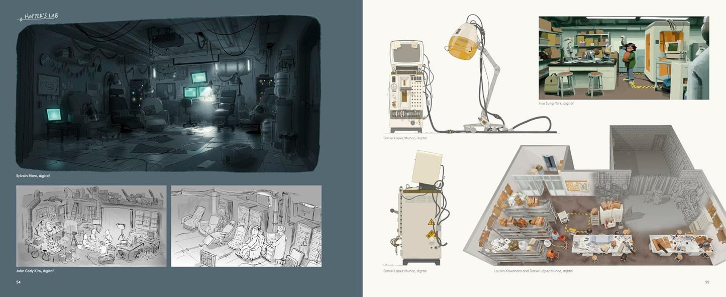 Collage of interior design sketches and models with a focus on office or living space layouts.