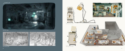 Collage of interior design sketches and models with a focus on office or living space layouts.