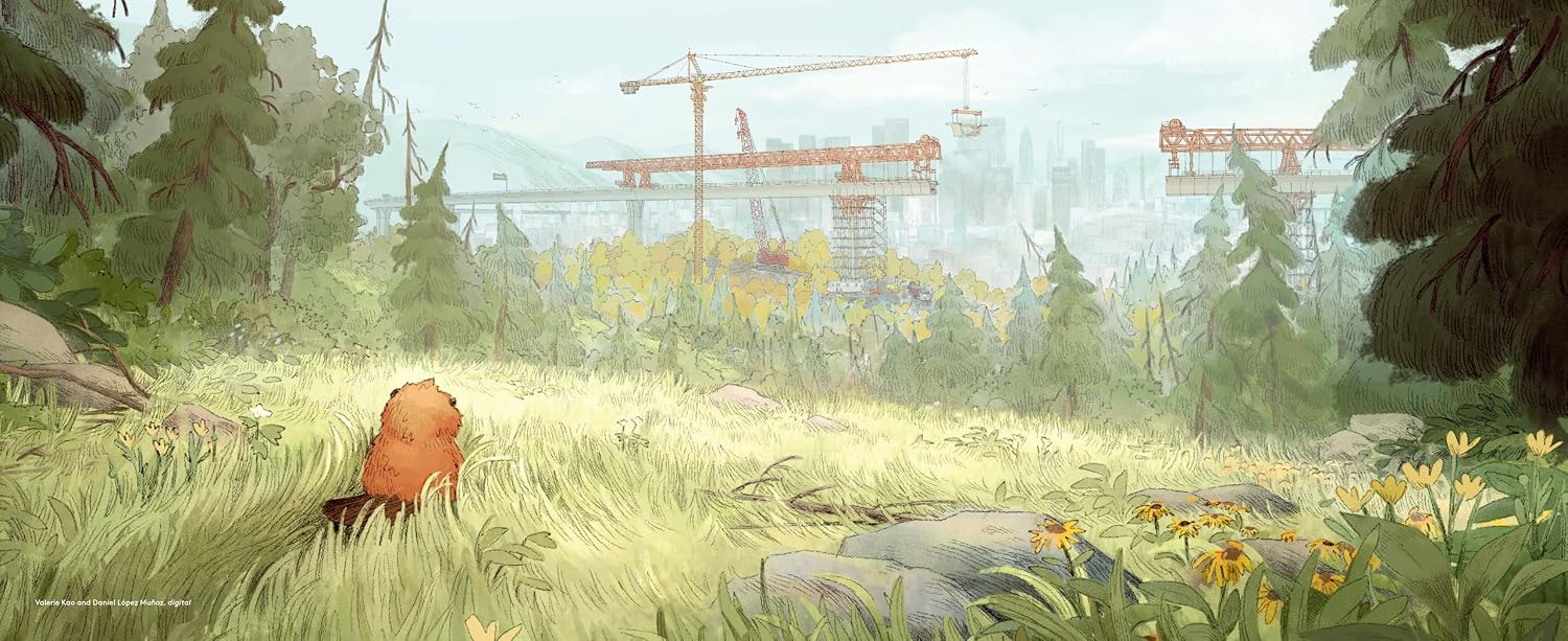 Illustration of a forest with a small creature and construction cranes in the background