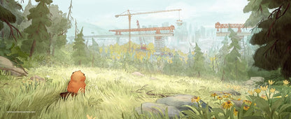 Illustration of a forest with a small creature and construction cranes in the background