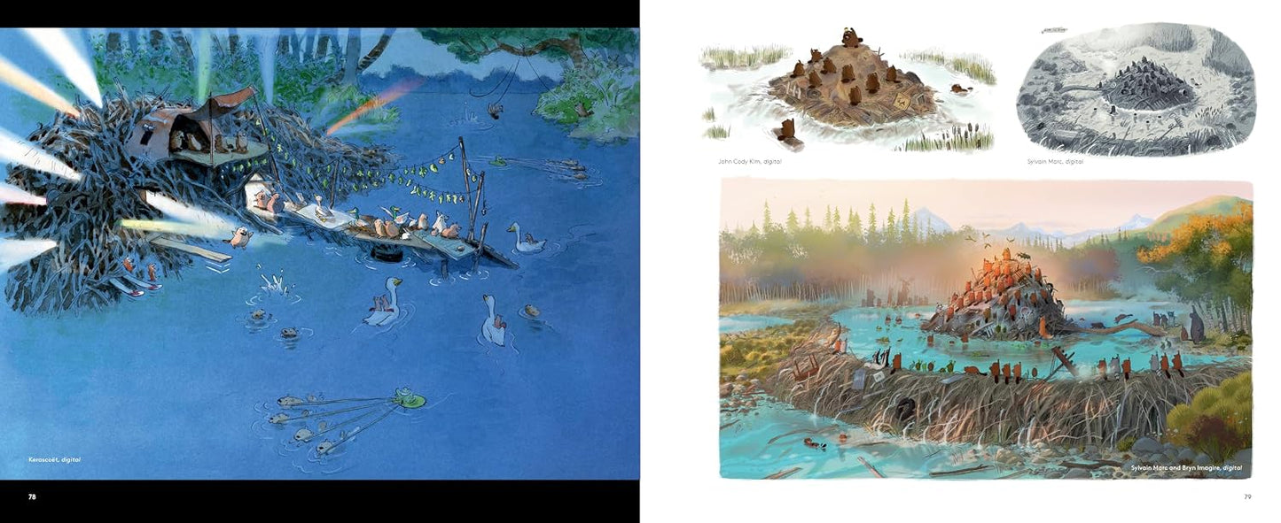 Two illustrations side by side; one depicts a large creature in water, the other shows a coastal scene with buildings.